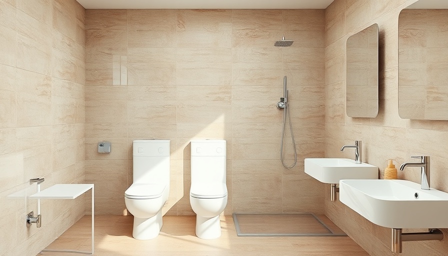 Modern bathroom remodel with white fixtures and earth tone tiles.