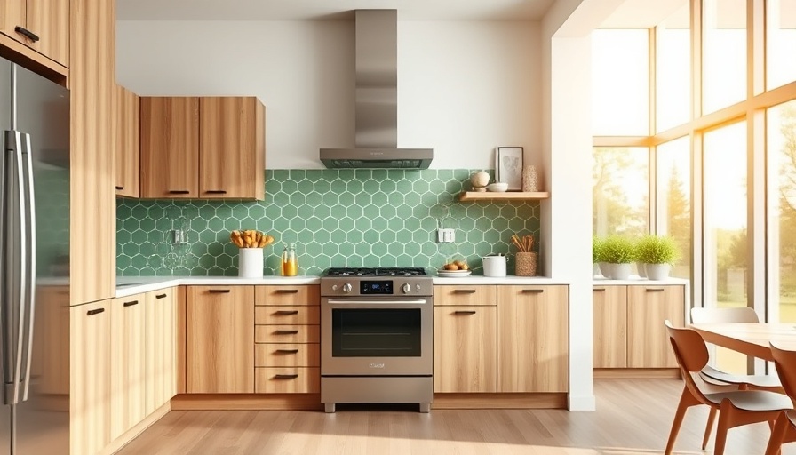 Modern kitchen remodel design with wooden cabinets and green backsplash.