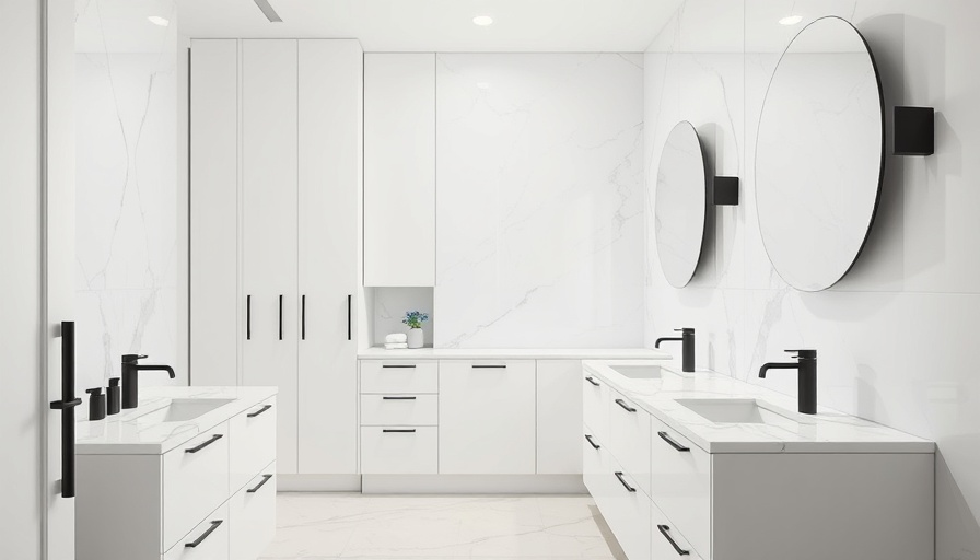 Modern bathroom remodel with white cabinets and black fixtures.