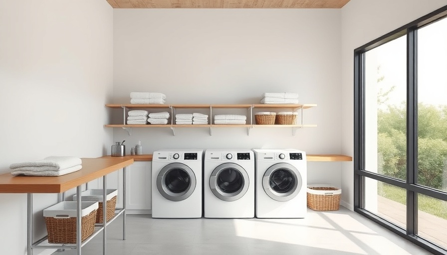 Modern laundry room design with natural lighting and organized shelves.