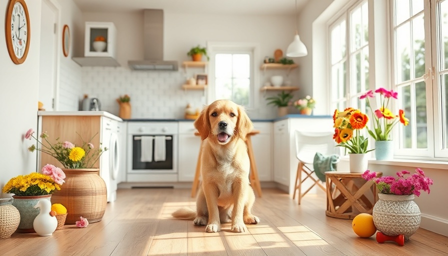 Bright kitchen with spring decor featuring tulips and a cute dog.