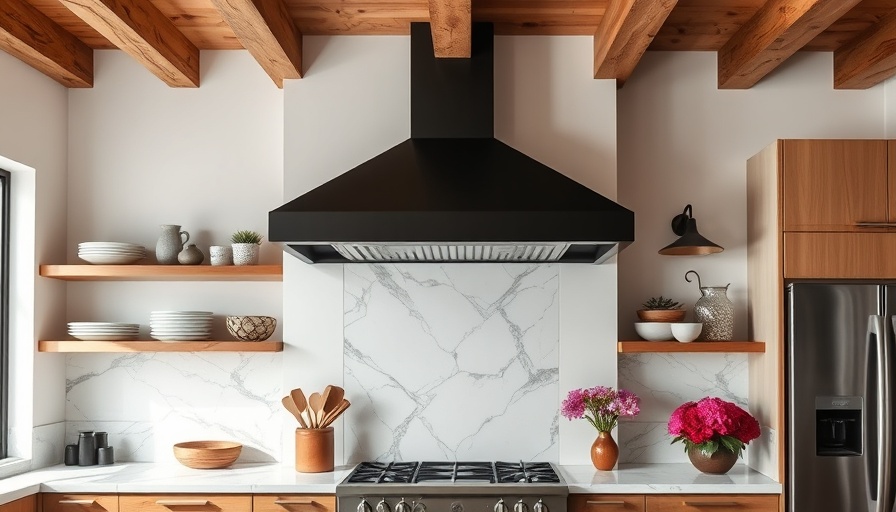 Modern kitchen featuring unique range hood ideas with dark wood beams.