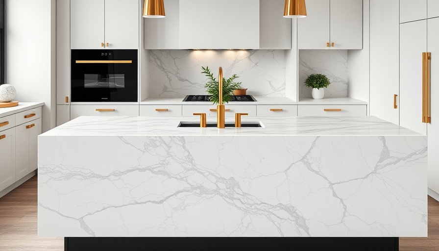 Elegant white marble kitchen design with gold fixtures and modern elements.