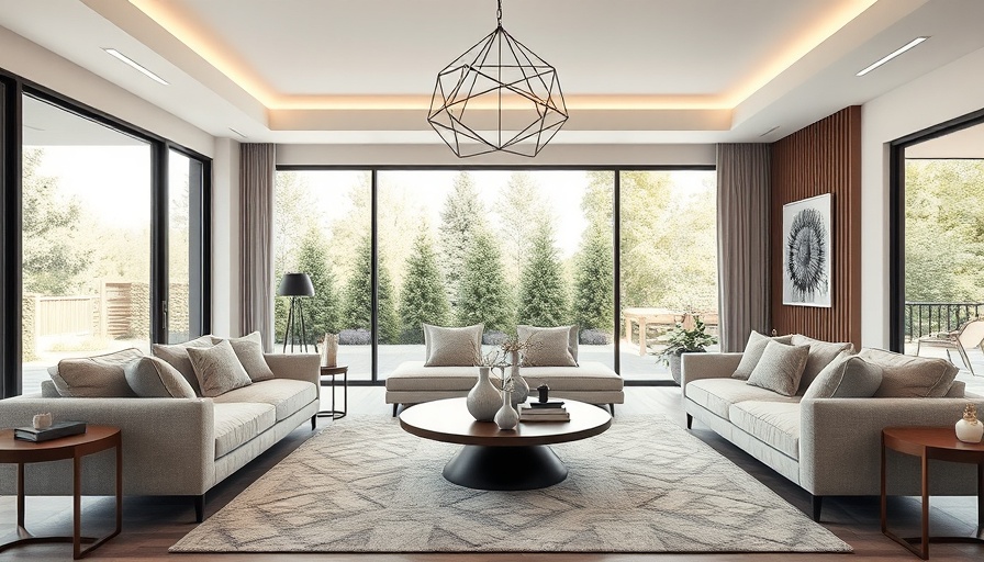 Sleek modern living room with elegant decor and large windows.