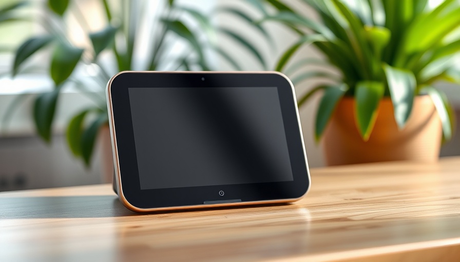 Smart home device with screen displaying time and weather, in modern setting.