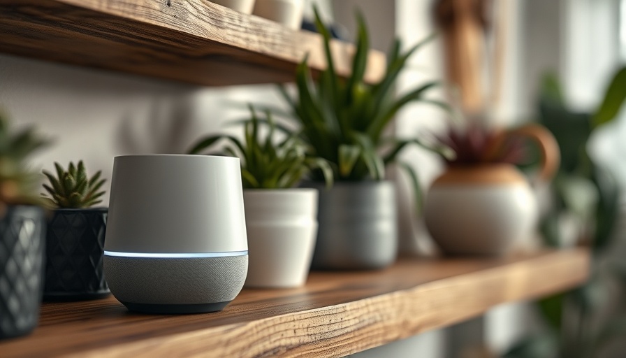 Grey Google Home Mini glowing on a wooden shelf in a cozy room.