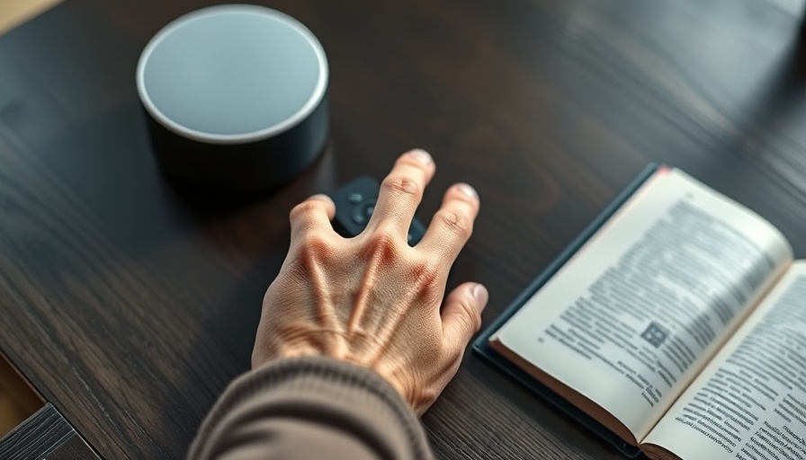 Smart home technology device interaction on wooden table.