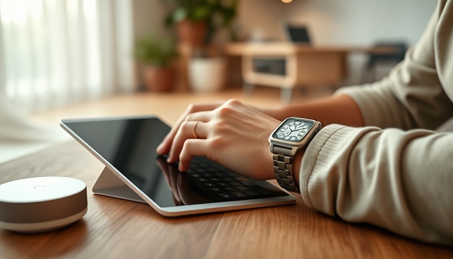 Smart home technology on desk with tablet and smart hub.