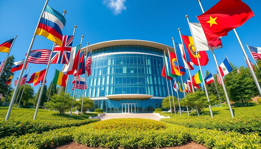 Modern building with international flags, symbolizing smart home solutions.