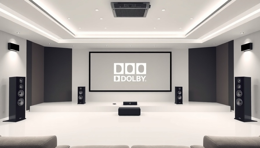 Home theater with speakers and Dolby logo screen in a minimalistic room