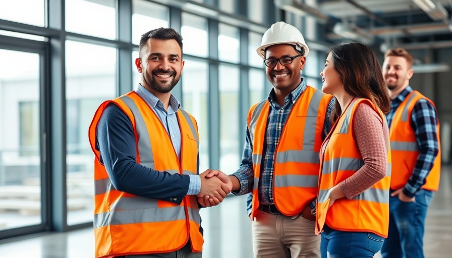 Contractor shaking hands at a construction site, hiring a contractor for home addition.