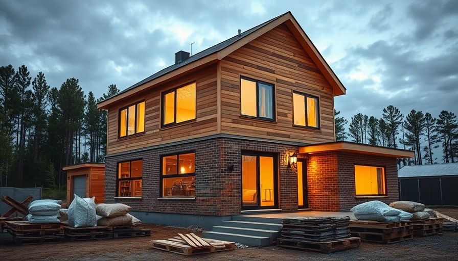 Modern house construction scene at dusk with materials.