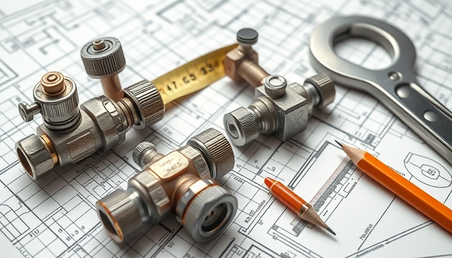 Engineering tools on blueprint for heating a house extension.