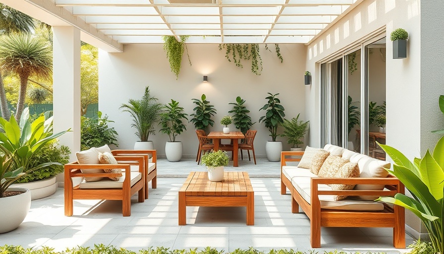 Modern patio with clean slabs and wooden furniture, surrounded by greenery.