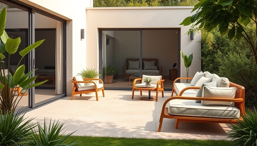 Modern patio with clean slabs and seating, lush plants.