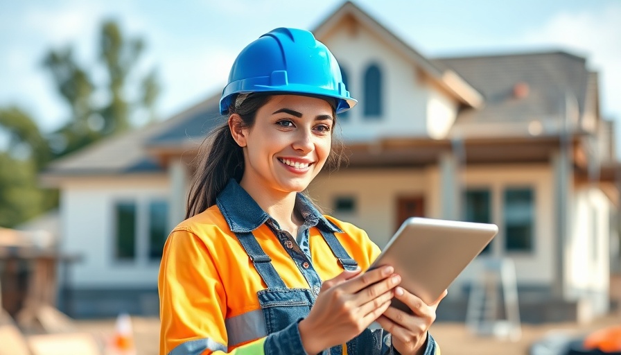 Smiling construction worker with tablet at home addition site.