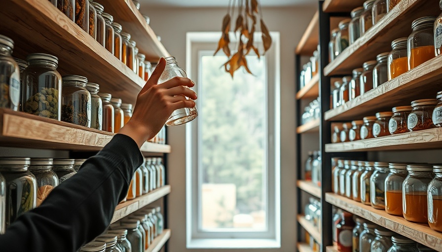 Build pantry shelves with glass jars for kitchen organization.