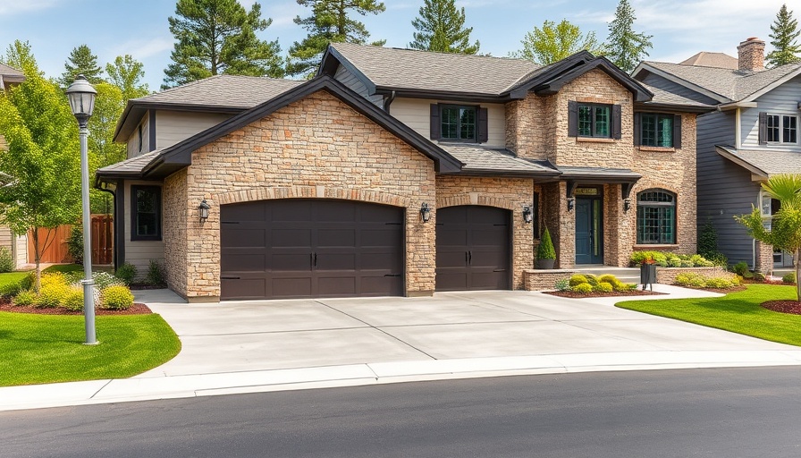 Modern house with stone facade and wooden garage doors, perfect for showcasing home addition services.