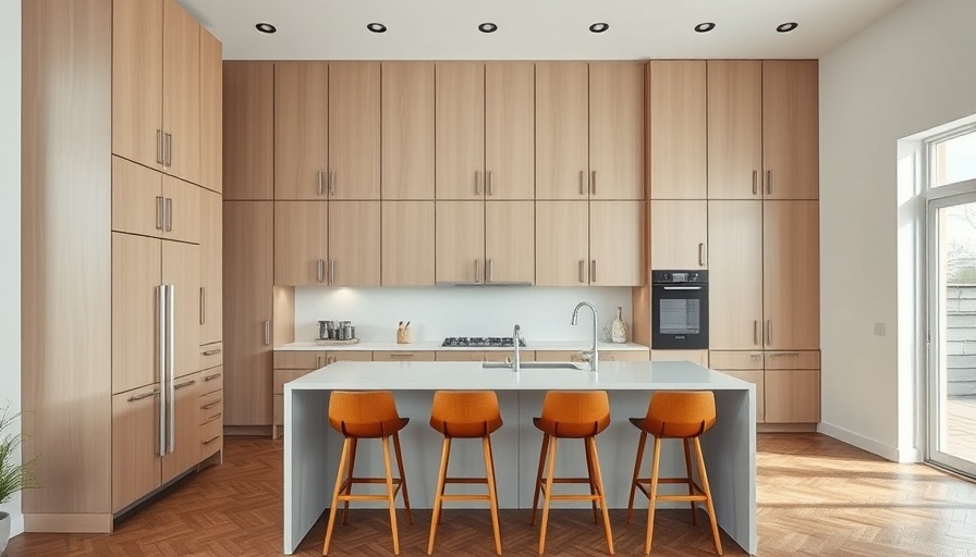 Modern kitchen with cabinets reaching the ceiling and an island with stools.