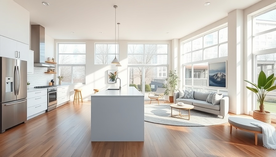 Bright open floor plan with modern kitchen and living area