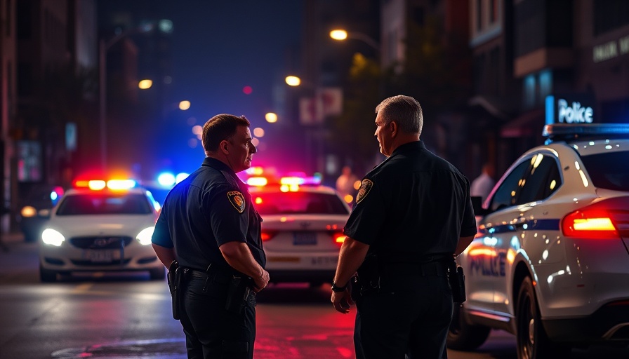 Nighttime police scene in southeastern Virginia with flashing lights and officers.