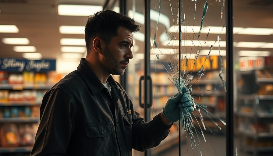 Store worker examines shattered glass in southeastern Virginia violence scene.
