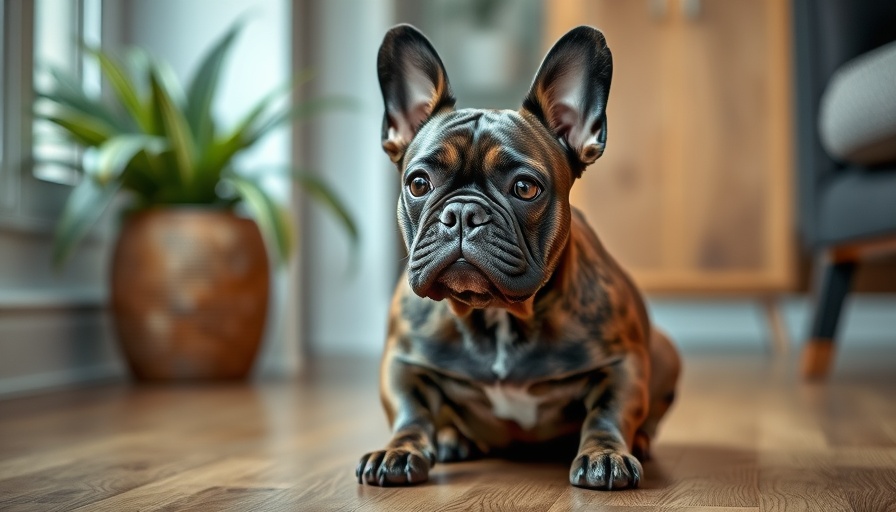 French bulldog sitting indoors with focused gaze near a plant.