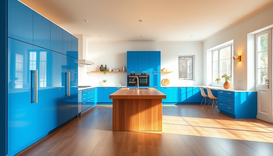 Modern kitchen island for cooking and entertaining with blue cabinets.