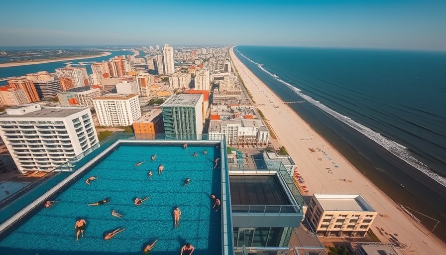 Aerial view of Virginia Beach events this weekend, pool and coastline.