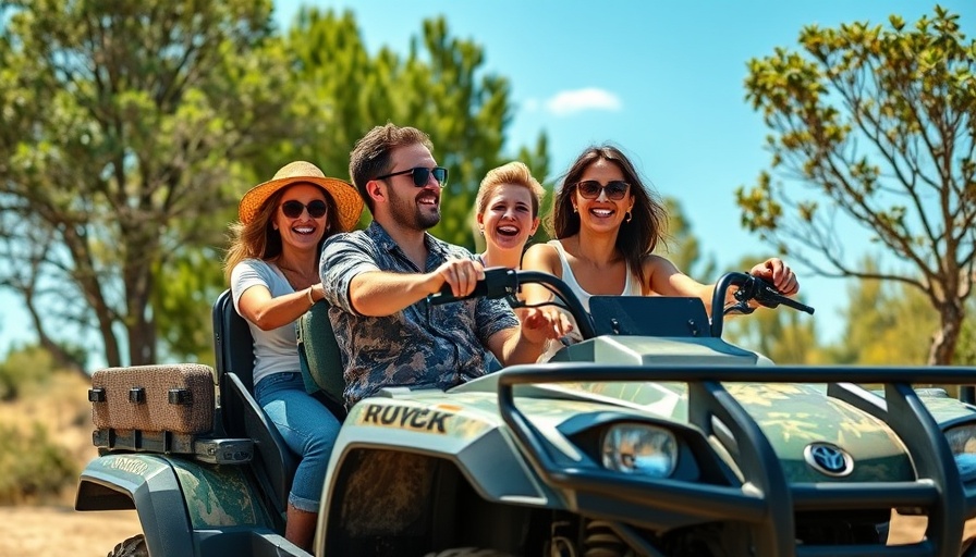 Group in an off-road vehicle enjoying outdoor ride, sunny day.