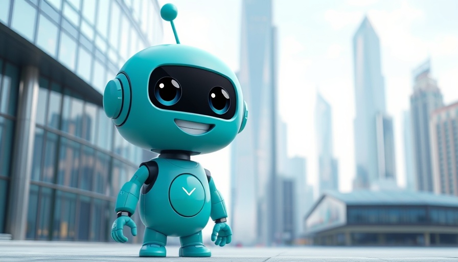 Cute robot cartoon beside abstract geometric building in 3D style.