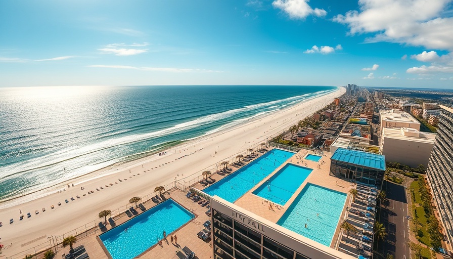 Aerial view of Virginia Beach rooftop pool overlooking ocean.