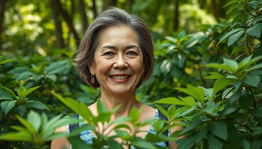 Smiling woman in garden with Frans Fontaine Hornbeam foliage.