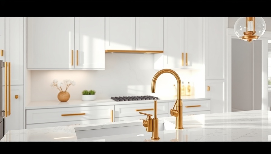 Modern kitchen with gold fixtures and marble surfaces showcasing 2025 hardware trends.