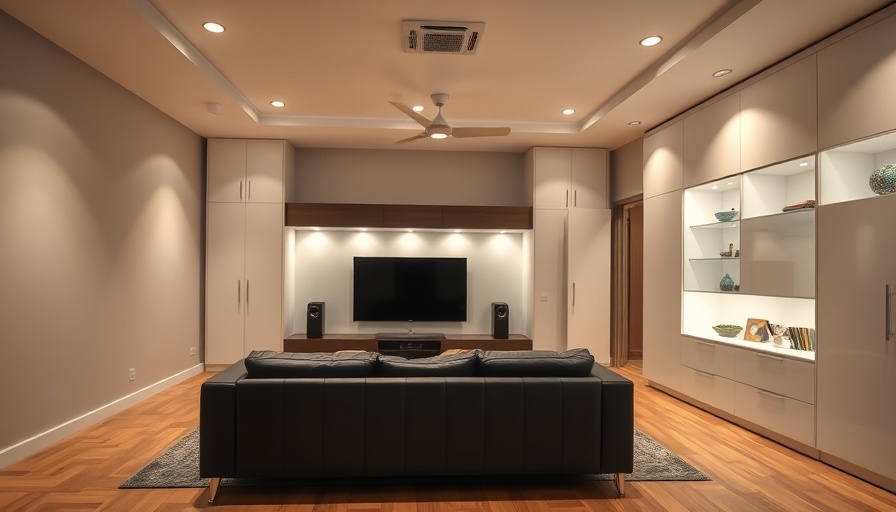 Modern home entertainment center with elegant lighting fixtures, perfect ambiance.