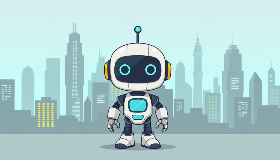 Turquoise cartoon robot with city skyline backdrop