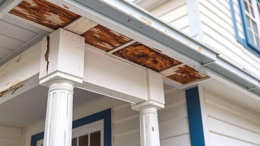 Close-up of severe rim joist rot on a white home with blue trim - Hampton Roads DIY projects.