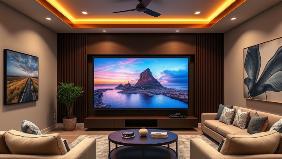 Large smart TV in a stunning modern media room, showcasing smart home devices for home automation.