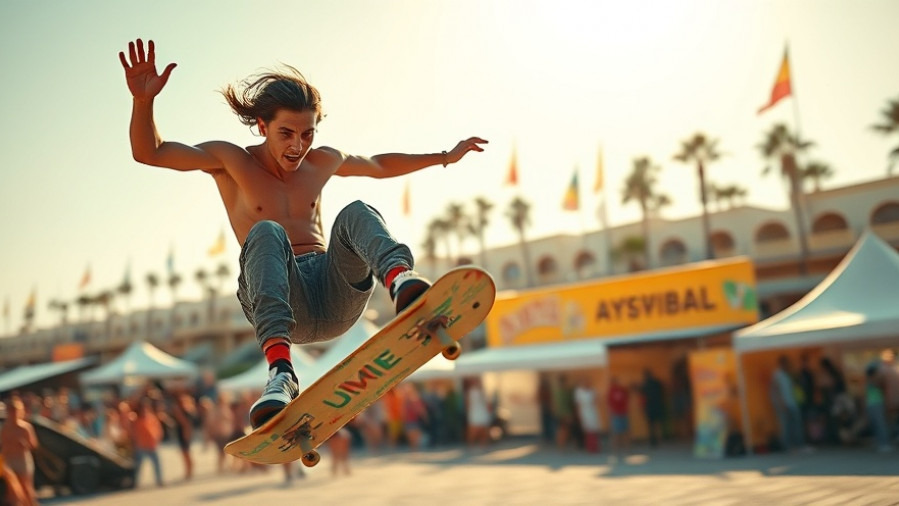 Action sports festival in Virginia Beach featuring a dynamic skateboarder mid-air trick.