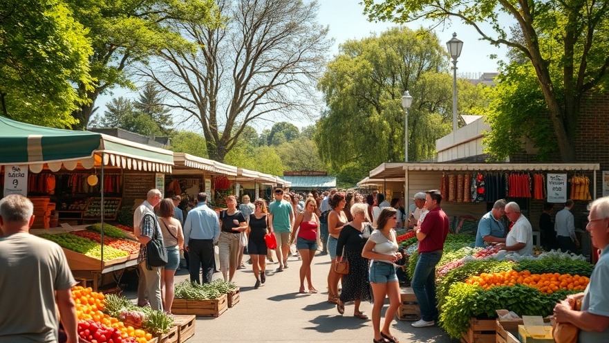 Crowded farmer's market in Hampton Roads, showcasing family activities and vibrant produce booths.