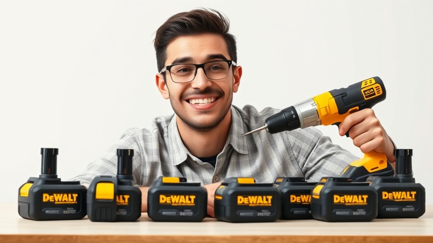 Smiling man in a white studio with DeWalt batteries and power drill for Tampa DIY renovation.