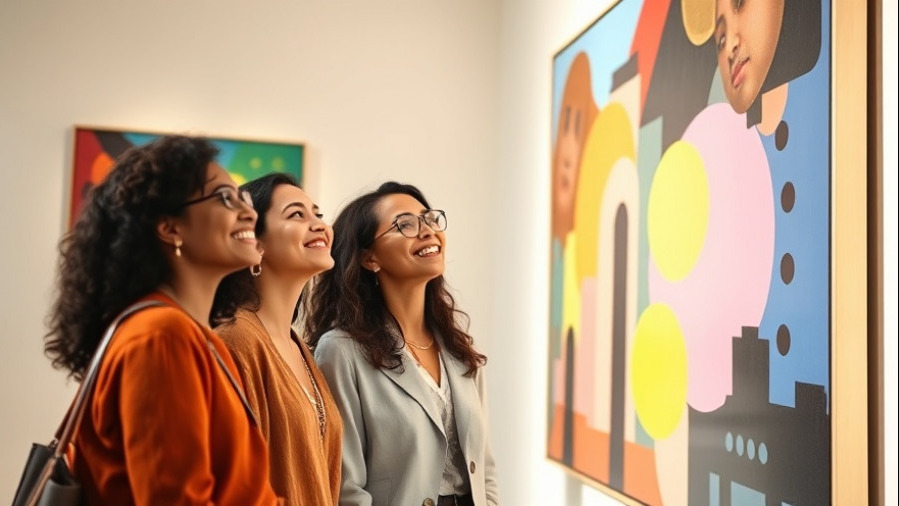 Diverse friends admire colorful art at a Tampa gallery, perfect for weekend events.