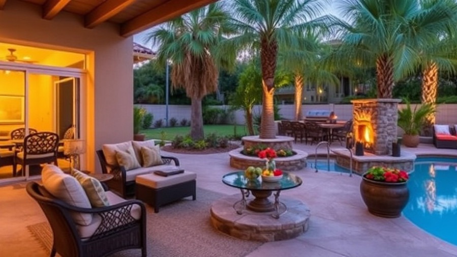 Autumn outdoor living makeover in Tampa with fall colors, palm trees, and pool.