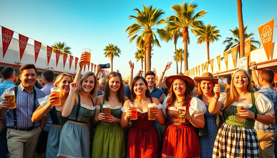 Oktoberfest celebration in San Diego with people in Bavarian attire holding beer steins.