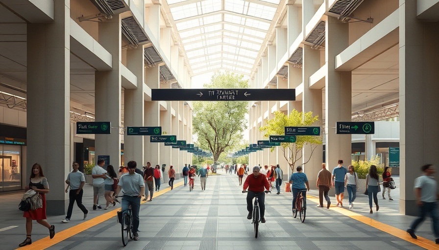 Oceanside Transit Center redevelopment showing open corridor with travelers and bikes.