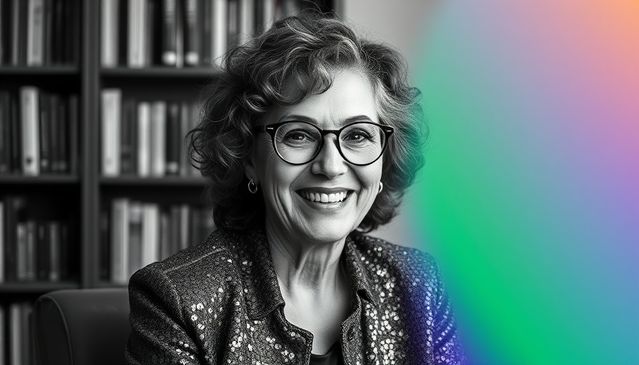Smiling woman with glasses in sequined jacket, bookshelf background.