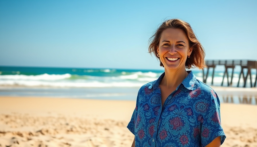 Smiling woman at Imperial Beach with a pier in the background.