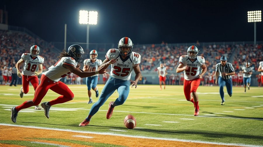 Otay Ranch High School football players in action during a game under lights.