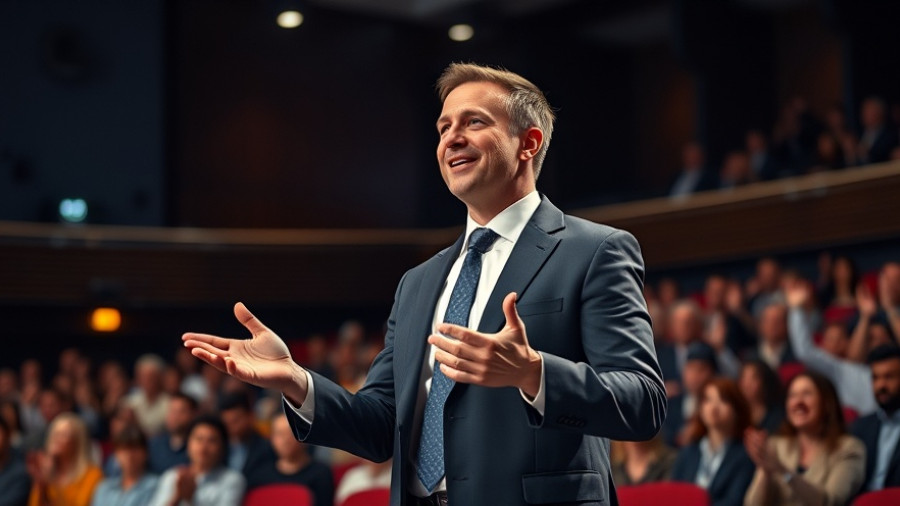 Speaker on stage discussing mind reading techniques at a TED Talk.