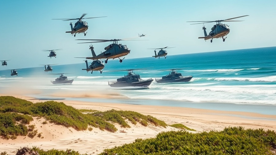 Military exercise with hovercrafts and helicopters on a beach.